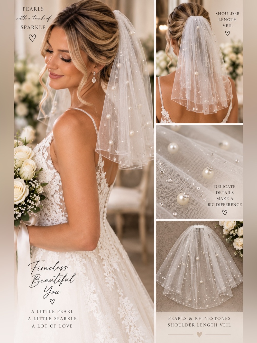 Classic White Pearl-Accented with mini Rhinestones Bridal Veil with Comb